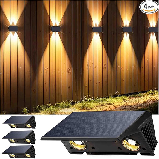 Fence Lights Solar Powered, 4-Pack Solar Fence Lights Up/Down Flexible Buttons, IP67 Waterproof for Outdoor, 100LM Bright, Auto Dusk to Dawn for Wall/Stairs/Yard/Railing/Deck/Pathway (Warm White)