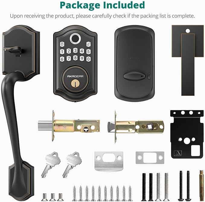 AkaGear DS10 Pro Keyless Entry Door Lock with Handle Set, Smart Front Door Locks Set, Electronic Keypad, Fingerprint Deadbolt, Bluetooth APP Control, Auto-Lock & One Touch Locking, Oil Rubbed Bronze