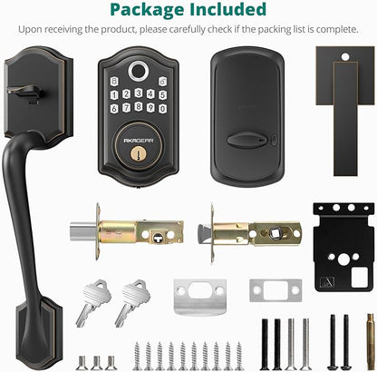 AkaGear DS10 Keyless Entry Door Locks - Keypad Lock with Handle Set, Fingerprint Deadbolt, Smart Locks for Front Doors, Auto-Lock & One Touch Locking, 2 Keys, Easy Installation - Oil Rubbed Bronze
