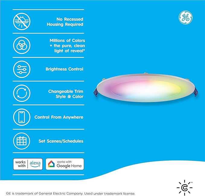 GE CYNC Smart LED Wafer Downlight Fixture, Reveal + Full Color, 6 Inches, Bluetooth and Wi-Fi, Compatible with Alexa and Google Home