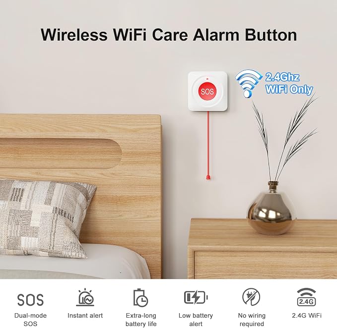 WiFi Call Button for Home Alarm System,Elderly Caregiver Caregiver Call Button with App Notification,Wireless Emergency Button SOS Alarm Bell,Work with Tuya No Monthly Fee,Waterproof