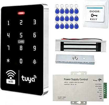 WiFi Tuya Access Control Kit, 180kg/350lb Magnetic Lock,3000 Users | Waterproof Keypad With Power supply, Exit button, and 15 ID key fobs for home office gate security