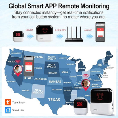 WiFi Caregiver Pager System, SOS Call Button for Elderly at Home, No Monthly Fee Emergency Alert Button with App Notifications, 2 Panic Buttons&1 Receiver, 426ft Range for Seniors, Patients, Disabled