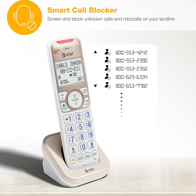 AT&T BL3112-0 Additional Handset for BL3112 Series Cordless Phones – Champagne Gold/White, Expandable DECT 6.0, Smart Call Blocker, Bluetooth Connect to Cell Compatible