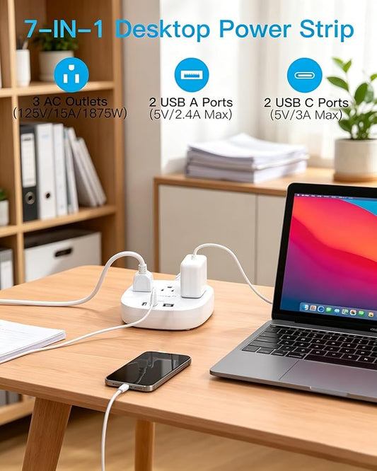 Extension Cord 10 Ft, 22.5W/4.5A Travel Power Strip with Surge Protector, 3 Outlets & 4 USB Ports (2 USBC), Desktop Charging Station 10ft Power Strip Long Cord for Home Office College Dorm Essentials
