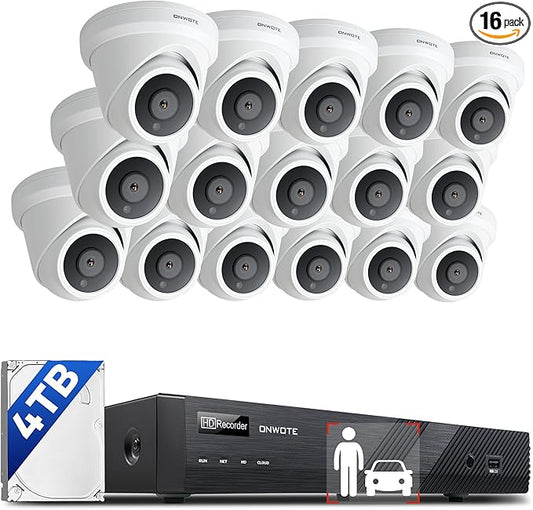 ONWOTE 16 Channel 4K PoE Security Camera System, 12MP 16CH Commercial NVR 4TB, 16x 8MP 134° Outdoor IP Cameras with Audio, AI Detect Human Vehicle, 16x Cables (Total 1280ft), Wired CCTV for Business