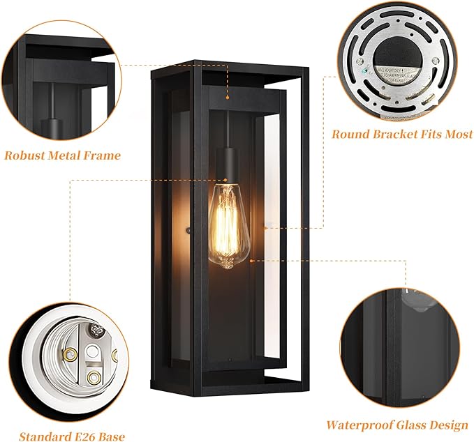 19" Outdoor Wall Lights, Large Size Matte Black Outdoor Sconce Lights with Clear Glass Shade, Waterproof Porch Lighting Exterior Light Fixture for Front Door, Garage, 1 Pack