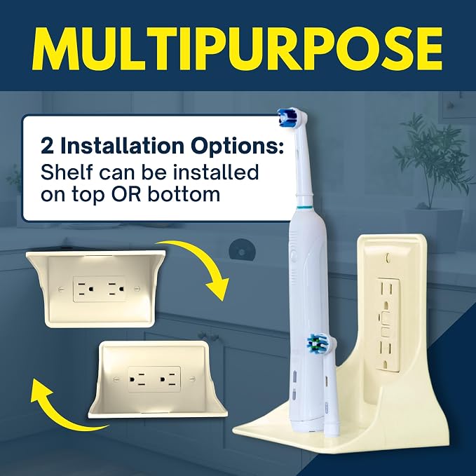 Power Perch Horizontal Outlet Shelf Organizer for Alexa Echo Dot Speakers, Phone - Wall Outlet Holder with Cord Storage Strap - Socket Shelf Bathroom Kitchen Counter Charging Station - Almond 2 Pack
