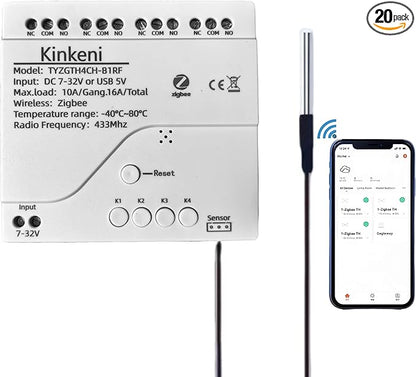 Easy Operation,Zigbee Temperature Monitoring Switch,Tuya App Remote Control,4 Channel 12V Dry Contact Smart Relay Switch, with Waterproof Sensor Probe(Tuya Zigbee hub needed), White