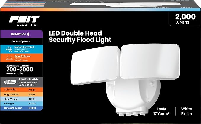 Feit Electric LED Motion Sensor Flood Light, 2000 Lumens Dual-Head Security Light, 5CCT (2700K–6500K), Dusk to Dawn Outdoor Light, Adjustable Brightness, Weatherproof Wall/Eave Mount, S9DFL/5CCT/MM/WH