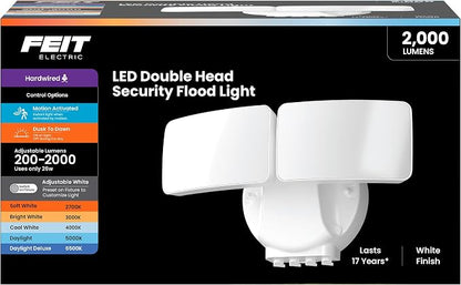 Feit Electric LED Motion Sensor Flood Light, 2000 Lumens Dual-Head Security Light, 5CCT (2700K–6500K), Dusk to Dawn Outdoor Light, Adjustable Brightness, Weatherproof Wall/Eave Mount, S9DFL/5CCT/MM/WH