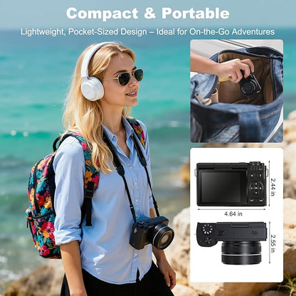 4K Digital Camera for Photography & Video: 64MP Vlogging Camera with 2.8”180° Flip Screen, Autofocus, 16X Digital Zoom, 32GB Card, Compact Point & Shoot Travel Camera for Beginners & Teens