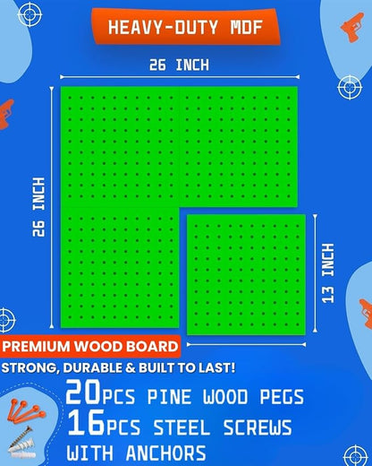 Wooden Peg Board for Nerf Gun Storage Organizer 13 x 13 x 0.31 In - Green | 4 MDF Panels, 20 Wooden Pegs, Compatible with All Blasters Nerf Gun Rack Organizer for Wall Organization