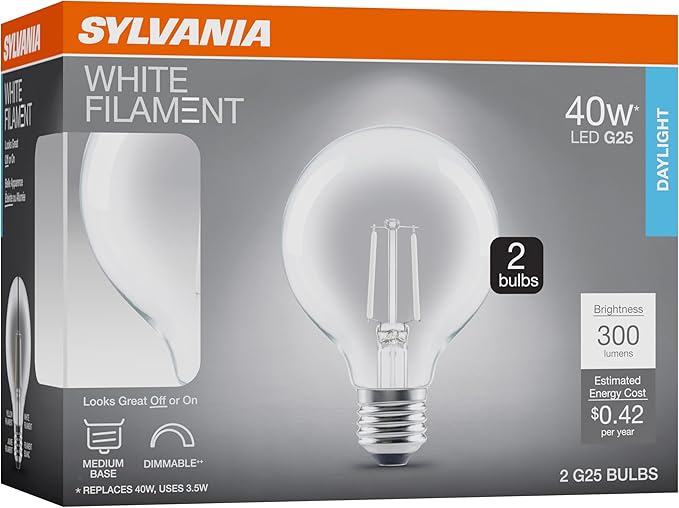 Sylvania G25 Clear Globe LED White Filament Bulb, 3.5W, Dimmable, 300 LMS, Medium Base, 5000K, Daylight - 2 Pack (42253)