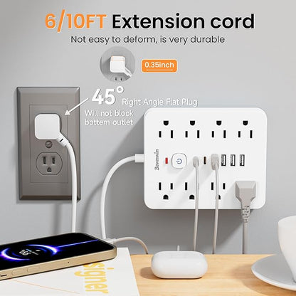 Surge Protector Power Strip - 8 Outlets(1850W/15A/14AWG) 4 USB A（2 USB C, 15FT Flat Plug Extension Cord, Wall Mount Multi Plug Outlet Extender, ETL Listed for Home, Dorm Room