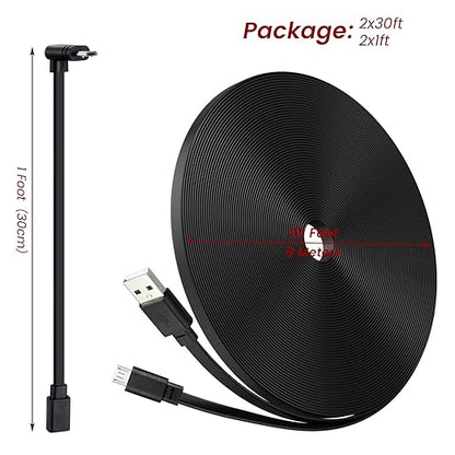 2-Pack 30ft Power Cable for Wyze Cam v4,Wyze Cam Pan v3,Wyze OG,Wyze Cam v3 Pro Security Cameras - 9m Long Flat Extension Micro USB Charging Cord with L-Shaped Short Adapter & 18W Fast Charger, Black