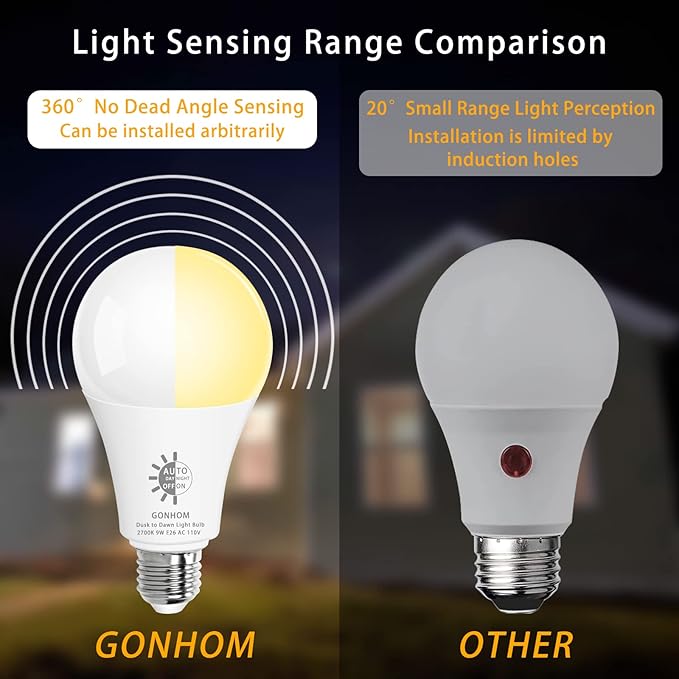 Gonhom 8 Pack Dusk to Dawn Light Bulbs Outdoor, 2700K Warm White, 720LM, 9W(60W Equivalent) A19 E26 Automatic On/Off LED Sensor Light Bulbs, Dusk to Dawn Outdoor Lighting for Porch Garage Patio