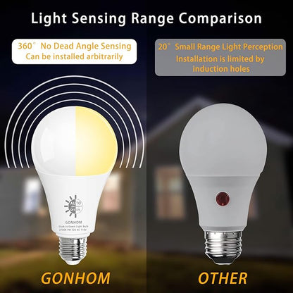 Gonhom 4 Pack Dusk to Dawn Light Bulbs Outdoor, 2700K Warm White, 720LM, 9W(60W Equivalent) A19 E26 Automatic On/Off LED Sensor Light Bulbs, Dusk to Dawn Outdoor Lighting for Porch Garage Patio