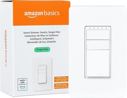 Amazon Basics Smart Dimmer Switch, Single Pole, Works with Alexa Only, Voice Control, 2.4 GHz Wi-Fi, No Hub Required, Neutral Wire Required, White