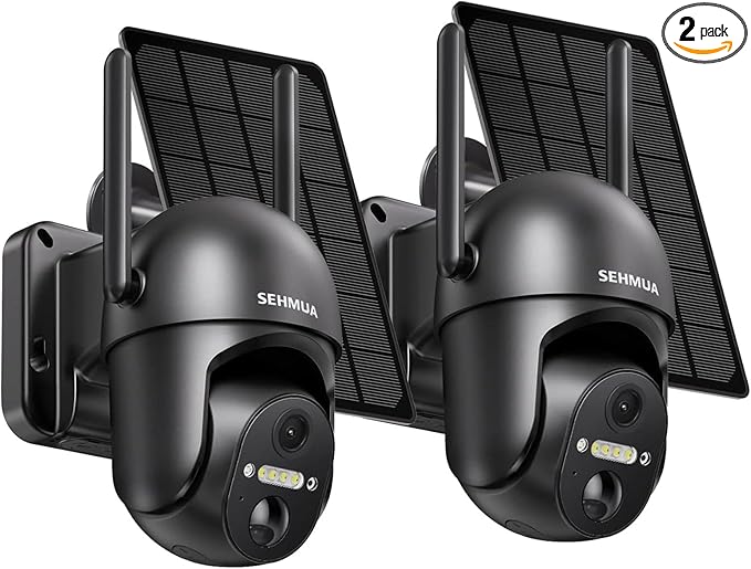 SEHMUA 2 Pack Outdoor Camera Wireless, 2K Solar Security Cameras Wireless Outdoor 360° View Battery Powered Camera, WiFi Home Security with Spotlight Color Night Vision, PIR Sensor