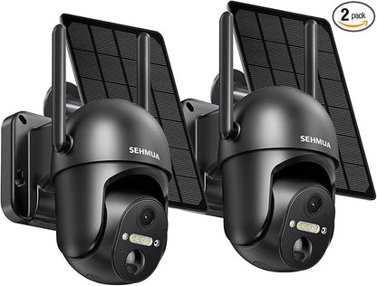 SEHMUA 2 Pack Outdoor Camera Wireless, 2K Solar Security Cameras Wireless Outdoor 360° View Battery Powered Camera, WiFi Home Security with Spotlight Color Night Vision, PIR Sensor