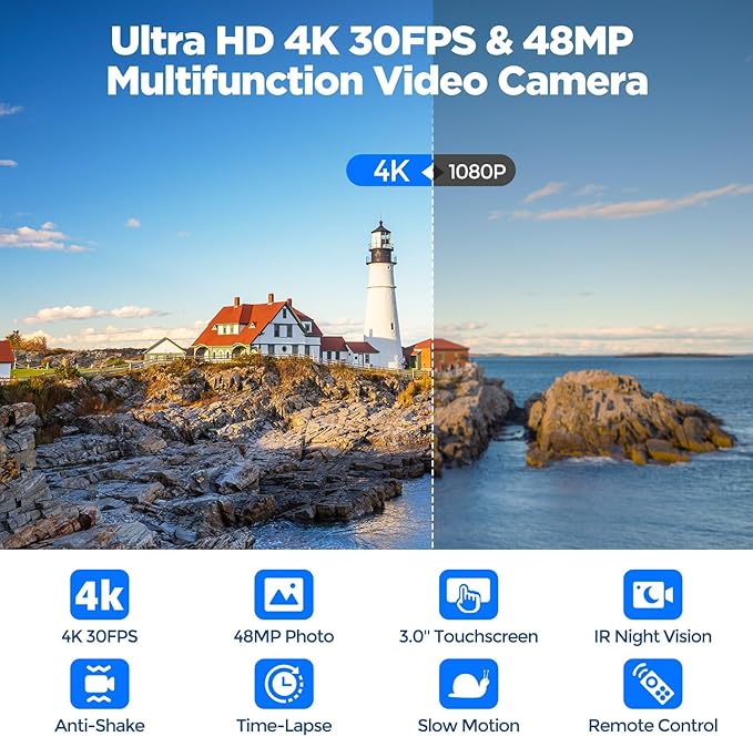 Video Camera Camcorder 4K 30fps 48MP with IR Night Vision, 16X Digital Zoom Cam Corder 3.0" 270° Rotation Touch Screen Video Recorder for YouTube with Remote Control, Battery, 32GB SD Card