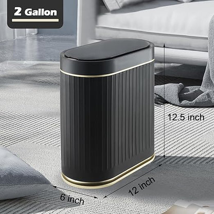 SYNCVIBE Bathroom Sensor Trash Can with Lid Automatic 2 Gallon Small Sensor Garbage Bin, 7.5 Liter Motion Sensor Smart Rubbish Bin Bathroom Decor, Slim Waterproof Plastic Garbage Can, Black Gold
