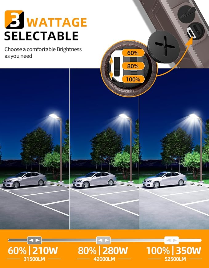 3 Pack LED Parking Lot Light 350W 280W 210W Adjustable, ETL Listed LED Shoebox Lights 5700K 5000K 4500K Tunable, 52500LM Commercial Street Area Light with Photocell, IP65, AC100-277V