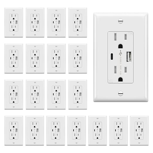 TOPGREENER USB Wall Outlet, 4.2A Type C & Type A Ports, White, 20 Pack | 15 Amp Tamper Resistant Plug, USB Outlets Receptacles, Charging Power Outlet with USB Ports, UL Listed, Wall Plate Included