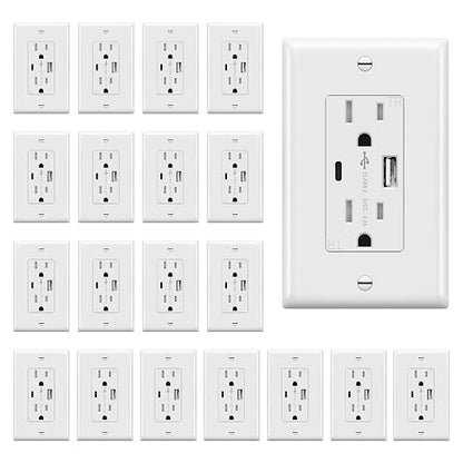 TOPGREENER USB Wall Outlet, 4.2A Type C & Type A Ports, White, 20 Pack | 15 Amp Tamper Resistant Plug, USB Outlets Receptacles, Charging Power Outlet with USB Ports, UL Listed, Wall Plate Included