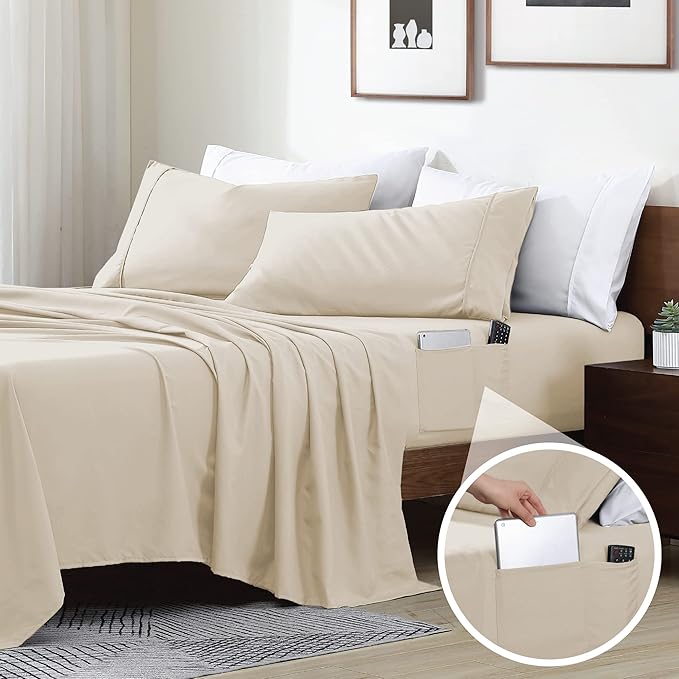 Swift Home Smart Sheets, Ultra Soft Brushed Microfiber 3-Piece Sheet Set, Fitted Bed Sheet with Side Storage Pockets – Cream, Twin
