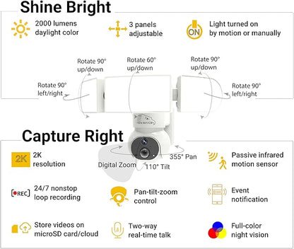 24/7 Recording Solar Floodlight Security Camera Wireless Outdoor, Motion-Activated Alert/2000LM Floodlight/105dB Siren, WiFi, 2K, HD Live View/Talk, 360° Pan & Tilt, Free Local 128GB Storage
