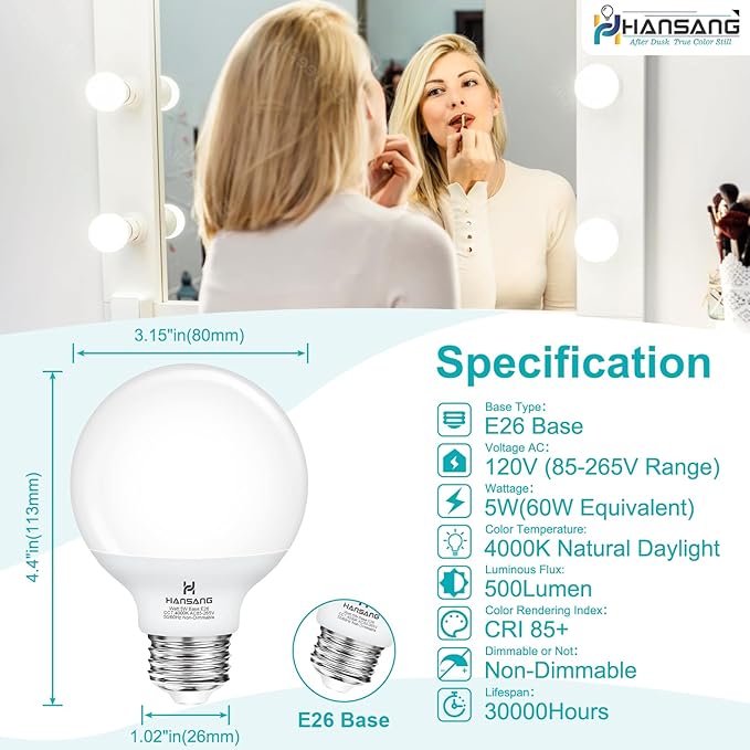 12 Pack Vanity Light Bulbs for Bathroom, 4000K Natural Daylight E26 Base Round LED Globe Bulb, 60W Equivalent, G25 Bathroom Light Bulb for Makeup Mirror, 120V, CRI85+, 500LM, Non-dimmable