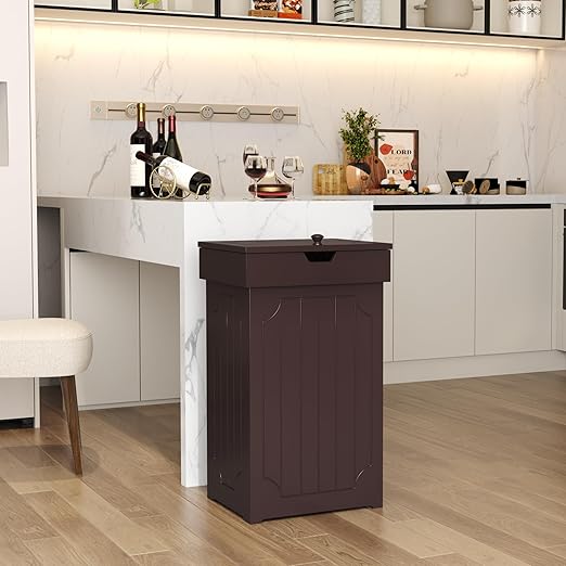 Function Home Trash Can Cabinet, 13 Gallon Kitchen Garbage Can, Wood Recycling Trash Bin, Freestanding Dog Proof Trash Can, Farmhouse Trash Cabinet with Lid for Home Kitchen Bathroom, Coffee