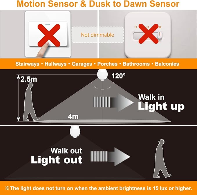 ORALUCE Motion Sensor Light Bulbs Indoor Outdoor 60 watt Equivalent, A19 E26 9W Motion Activated LED Bulb 3000K Warm White, Motion Sensor Light for Garage, Closet, Porch, Stairs, 2 Pack