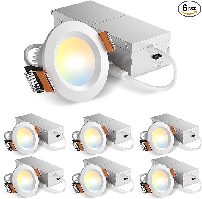 Amico 6 Pack 2 Inch 5CCT Ultra-Thin LED Canless Recessed Ceiling Light with Junction Box, 2700K/3000K/3500K/4000K/5000K Selectable, CRI90+, 6W=40W, 350LM, Dimmable Canless Wafer Downlight-ETL&FCC
