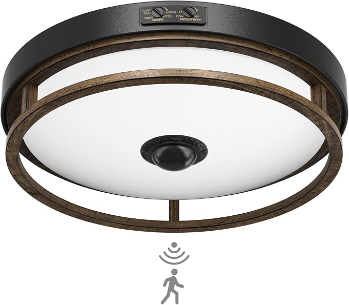 Motion Sensor Outdoor Ceiling Light, Outdoor Flush Mount LED Farmhouse Ceiling Light Fixtures, 12" Dusk to Dawn Porch Lights for Outdoor Ceiling, Rustic Ceiling Lamp for Entryway