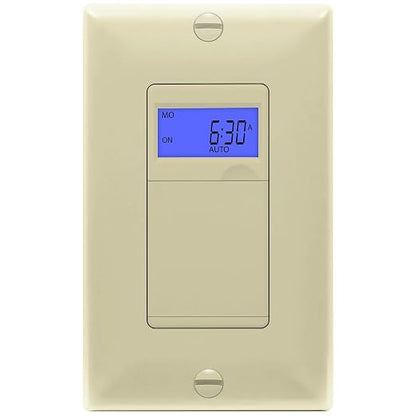 Enerlites 7 Days Digital in-Wall Programmable Timer Switch for Lights, Fans, and Motors, Single Pole, Neutral Wire Required, 7-Day 18 ON/Off Timer Settings, with Blue Backlight, HET01, Ivory | UL Listed, Digital In-Wall Switch Timer with 18 ON/OFF Sett...