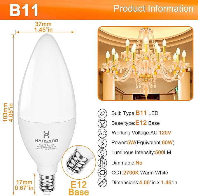 E12 LED Bulb Candelabra Base, Type B LED Bulb 50 Watt Equivalen 2700K Soft Warm White B11 Small Base, Chandelier Ceiling Fan LED Light Bulbs 500 Lumens No-Dimmable Pack of 12