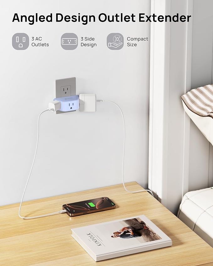 TROND Outlet Extender, 3 Way Angled Wall Plug Splitter, Blue | 3-Prong Grounded Outlet Adapter, Cruise Essentials, Compact and Practical Plug Expander for Home Decoration Travel Essentials