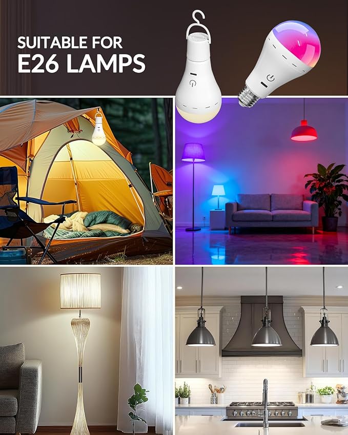 E26 Rechargeable Led Light Bulbs with Remote, 15 Colors Dimmable E26 Battery Operated Light Bulb with Timer, Emergency Rechargeable Light Bulbs, Up to 35 Hours, 2 Packs