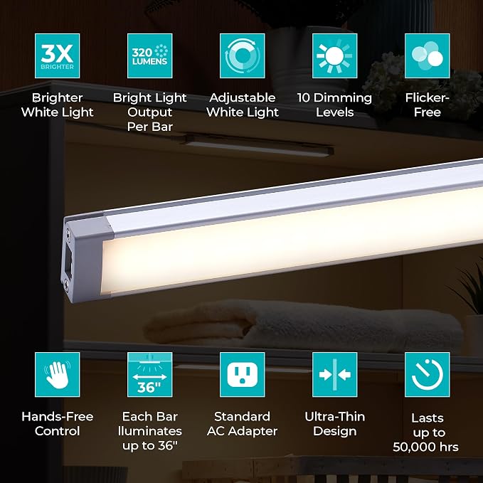 PureOptics LED Compatible with Alexa Smart Under Cabinet Lighting Kit, Adjustable LEDs, (6) 9" Bars, White (Pack of 12)