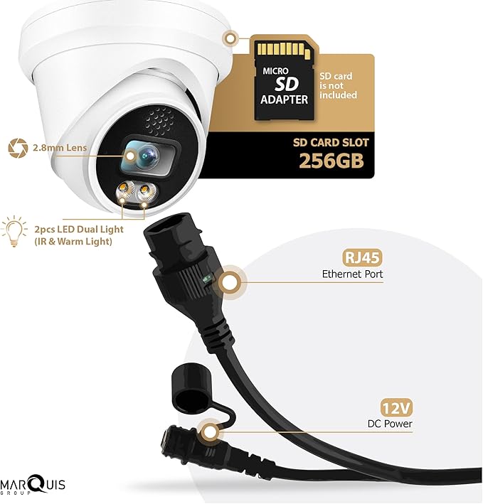 Marquis 8MP PoE IP Turret Camera Dual Light (Default IR) with Microphone, Audio, IP Security Camera Outdoor Night Vision 98ft Weatherproof IP67 Wide Angle 2.8mm