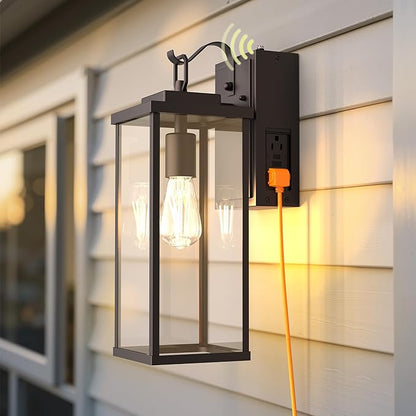 L LOHAS LED Upgraded Dusk to Dawn Outdoor Wall Lights with GFCI Outlet, 17 Inch Matte Black Waterproof Anti-Rust Outdoor Light Fixtures with Clear Glass, Exterior Light Fixtures for Porch, Garage, ETL