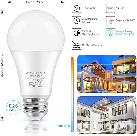 LED Light Bulbs, 100 Watt Equivalent A19 LED Bulbs, 13W 5000K Daylight White 1500 Lumens Non-Dimmable Bright E26 Edison Medium Screw Bulbs for Home Bedroom Kitchen Living Room Office Lamp, 10-Pack