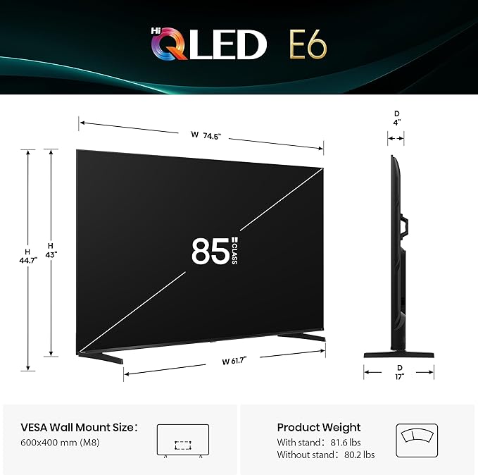 Hisense 85" E6 Cinema Series Hi-QLED 4K UHD Smart Fire TV (85E6QF) - AI Light Sensor, Dolby Vision · Atmos, Voice Remote with Alexa, Motion Rate 120, HDR 10+ Adaptive, Game Mode Plus