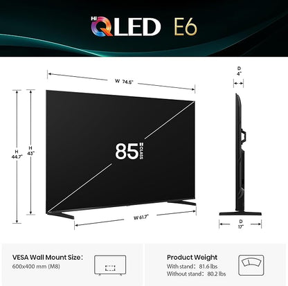 Hisense 85" E6 Cinema Series Hi-QLED 4K UHD Smart Fire TV (85E6QF) - AI Light Sensor, Dolby Vision · Atmos, Voice Remote with Alexa, Motion Rate 120, HDR 10+ Adaptive, Game Mode Plus
