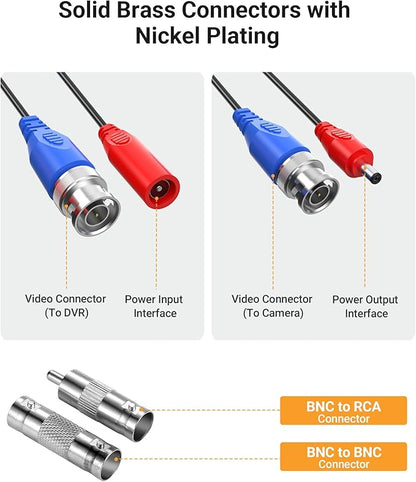 Anlapus 4 Pack 60ft All-in-One Video Power Cable for CCTV Security Camera DVR System, BNC Extension Surveillance Camera Cables with BNC/RCA Connectors & 100pcs Cable Clips