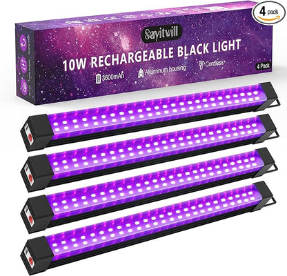 Rechargeable Black Light Bar 4 Packs, Battery Powered Black Lights for Glow Party, Cordless UV Strip Lights with On/Off/Dimma/Flash Switch, for Neon,Uranium Glass, Classroom,Paint, Poster,Stage
