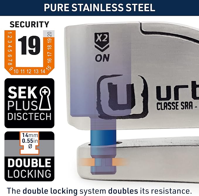 URBAN UR14S Approved Motorcycle Disc Lock with Smart Alarm | 120dB, LED, Warning, A+ Sensitivity, X2 ON | SRA & Sold Secure Gold Tested Anti-Theft for Motorbike | 14mm Double Locking, Stainless Steel
